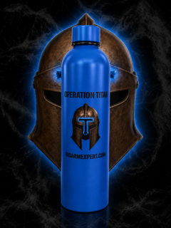 Blue water bottle with Spartan helmet logo