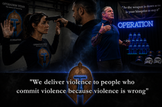 Instructor aims handgun at trainee; operation slogan